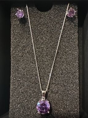 Sterling Silver Purple Crystal Pendant Necklace and Stud Earrings Set